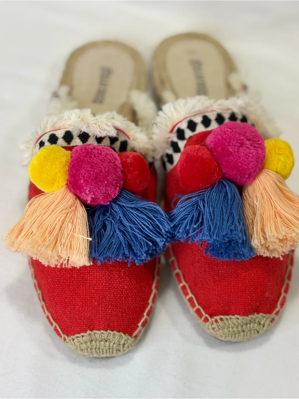 NWOB SALUDOS Red Colorful Pom-Pom Espadrille Mules SZ 6 $110